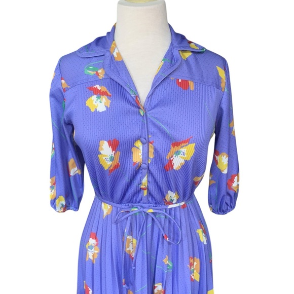 Vintage blue floral pleated pleated midi dress with fabric belt approx medium - Picture 2 of 9